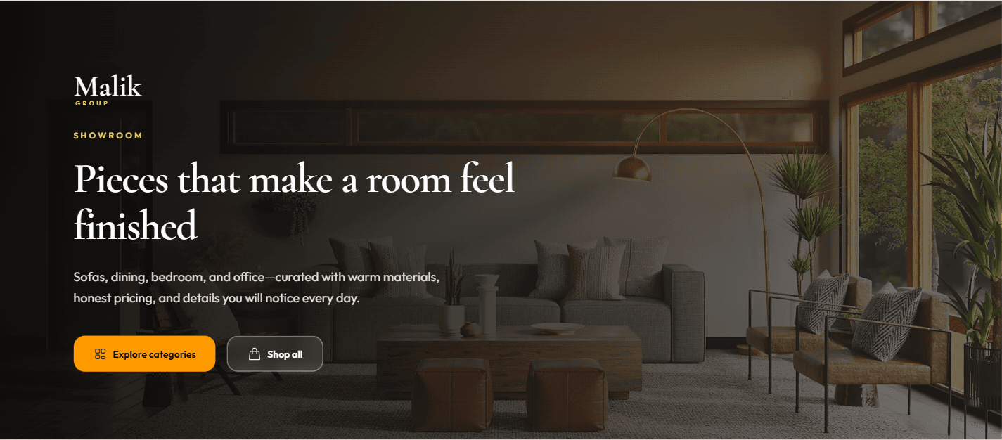 Malik Group furniture catalog interface showing the product discovery experience.