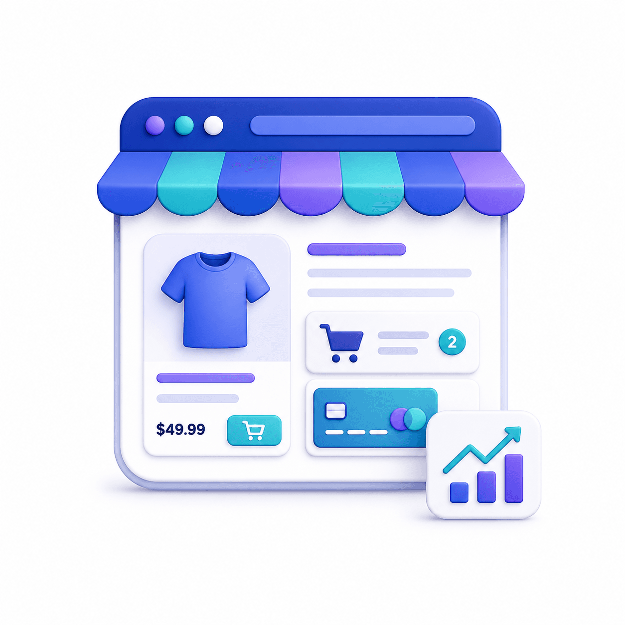 E-commerce and business website icon showing a storefront, product card, cart, payment, and growth analytics.