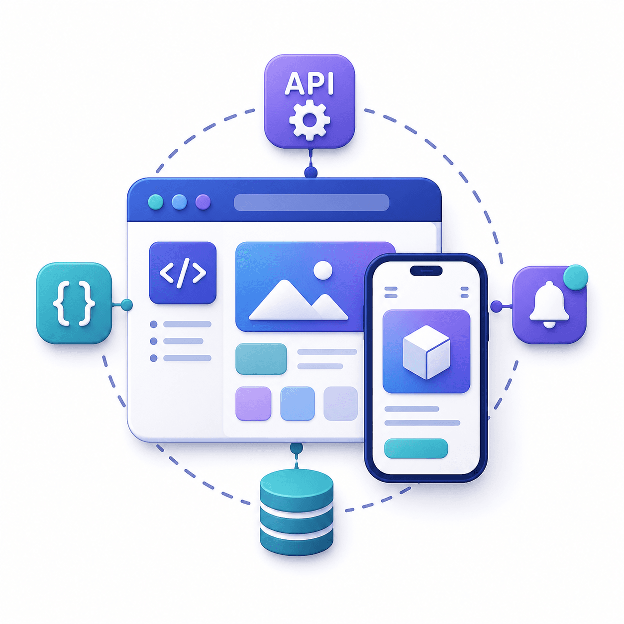 Web platform and mobile application icon showing a browser, mobile app, API, database, code, and notifications.
