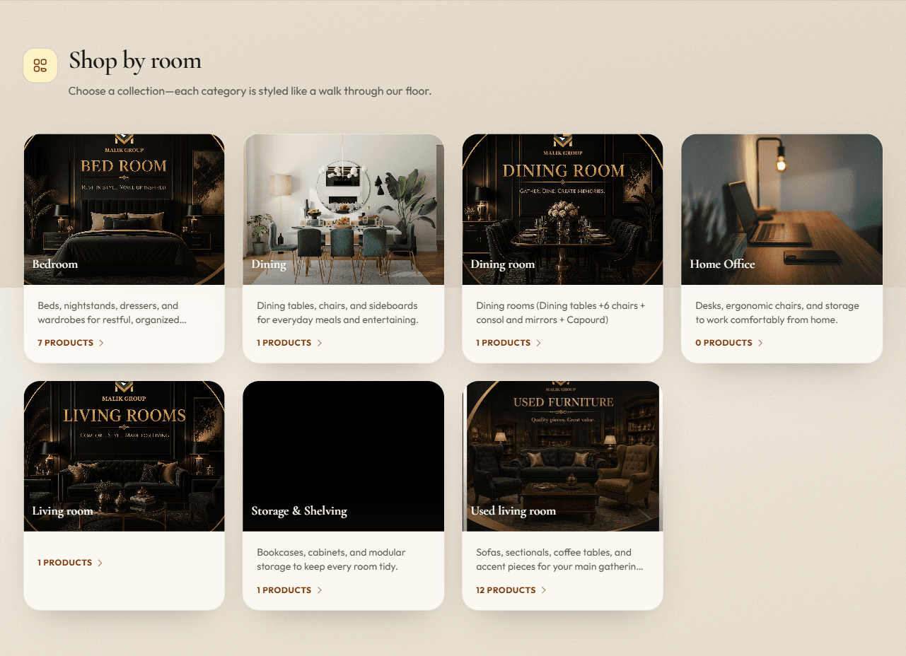 Malik Group furniture catalog homepage showing the showroom hero and product discovery interface.