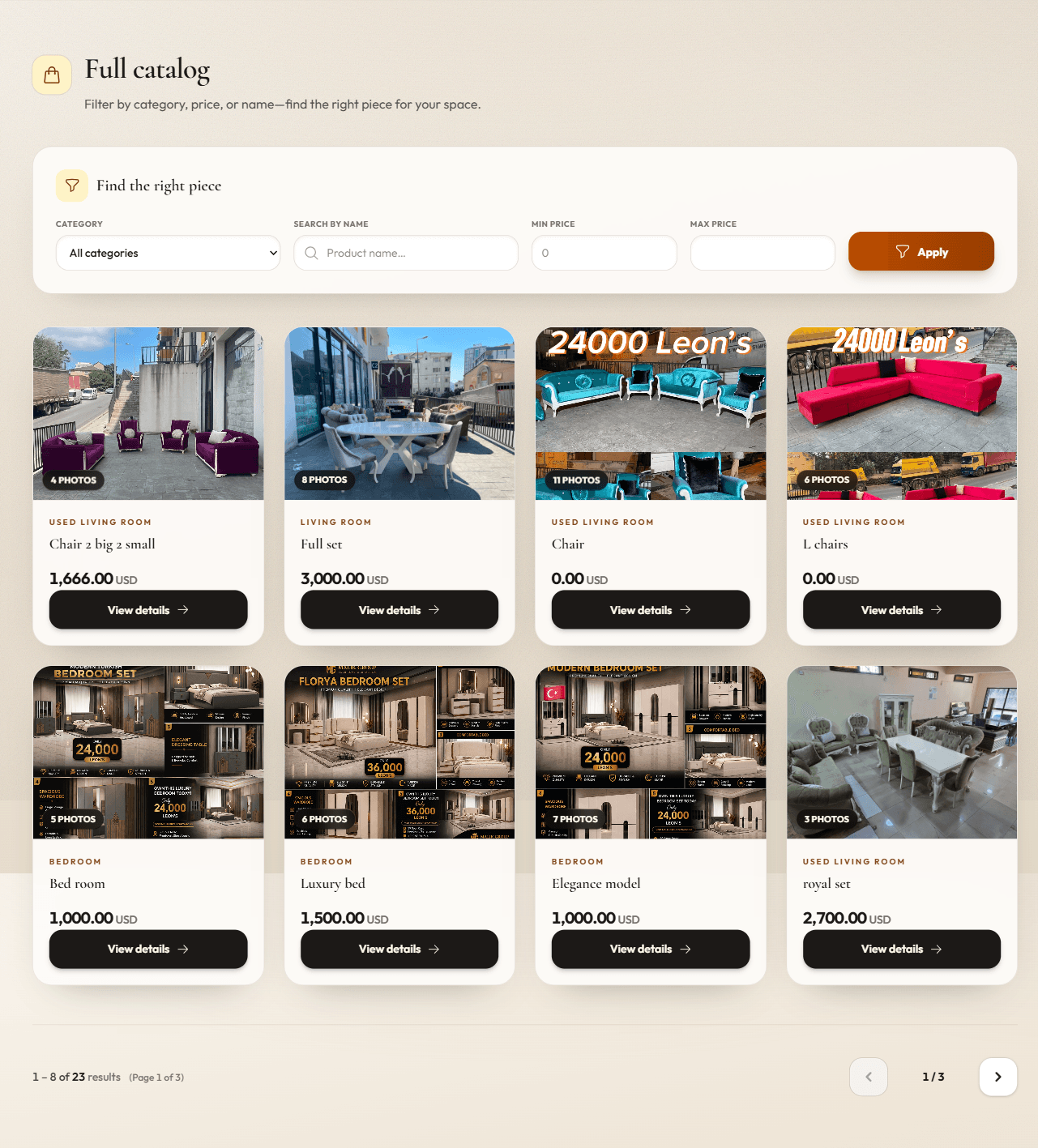 Malik Group furniture catalog homepage showing the showroom hero and product discovery interface.