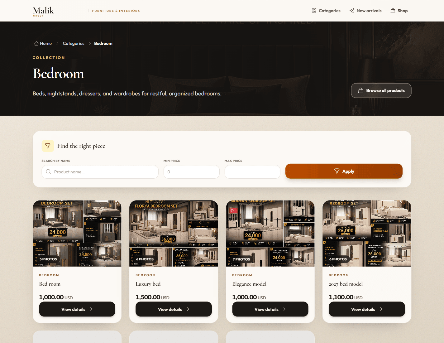 Malik Group furniture catalog homepage showing the showroom hero and product discovery interface.