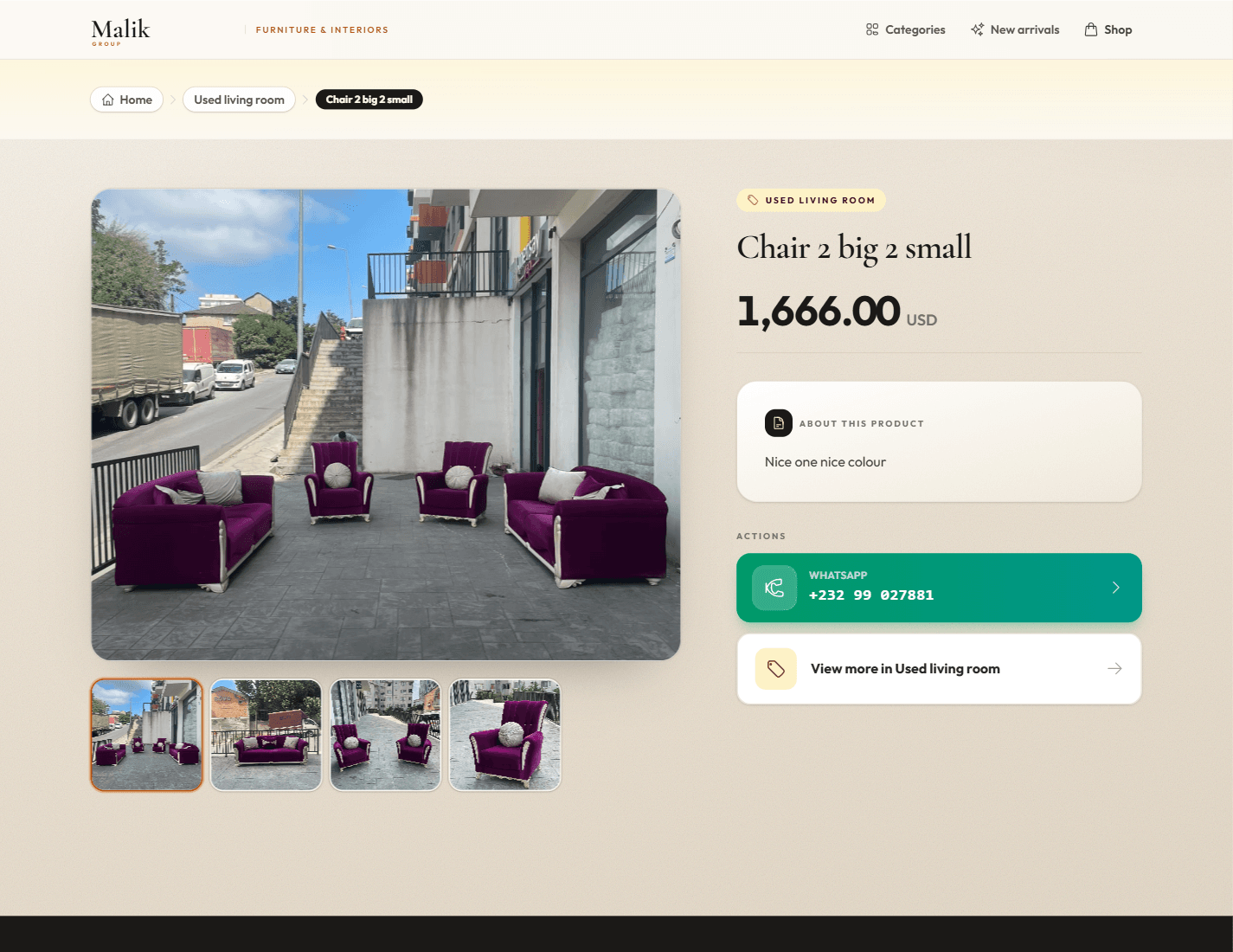 Malik Group furniture catalog homepage showing the showroom hero and product discovery interface.