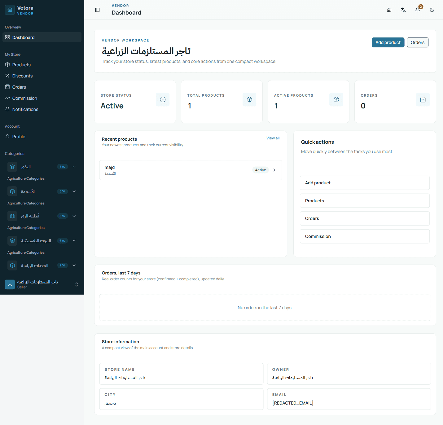 Vetora public marketplace homepage presenting agriculture and veterinary product markets.